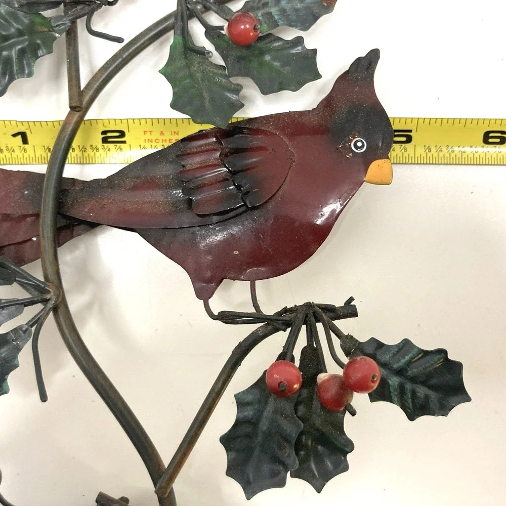 Vintage Metal Winter Cardinal and Holly Leaves Cast Iron Base Figure 7
